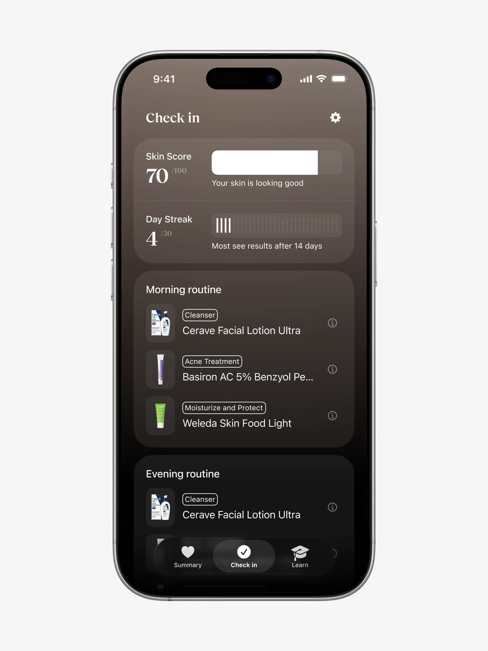 Nolla mobile skin-care check-in and daily routine